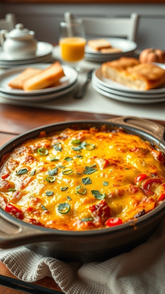 A golden brown breakfast casserole with vegetables, served in a rustic dish on a breakfast table.